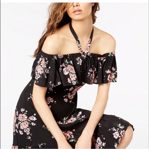 Jill Stuart Black & Pink Floral Off Shoulder Ruffled Knee Length Dress Size 2 - Picture 2 of 10